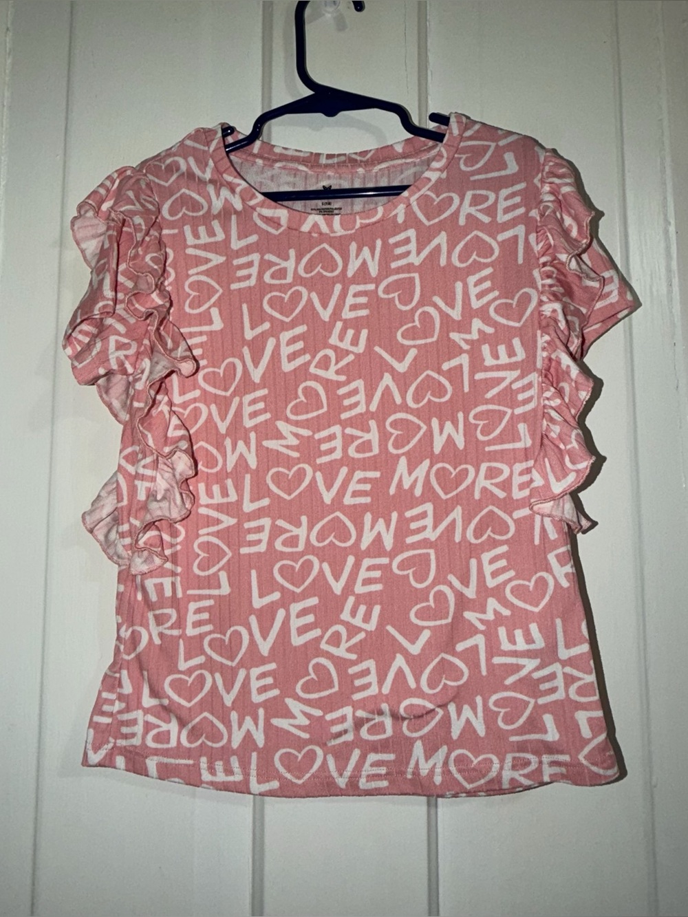 Girls size small 7/8 shirt top Pink 'Love' Ruffle Sleeve Tee